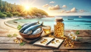 Fish oil and fish on a table overlook the sea
